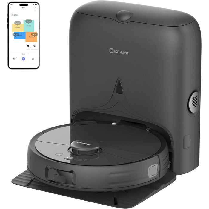 Робот-пилосос з функцією миття, автоматичне спорожнення (75 днів), потужність 8500Pa, зрізач для шерсті тварин, лазерна іграшка для котів, лазерна навігація, знімне м'яке прибирання, робот-пилосос для твердих поверхонь, килимів та шерсті тварин, чорний