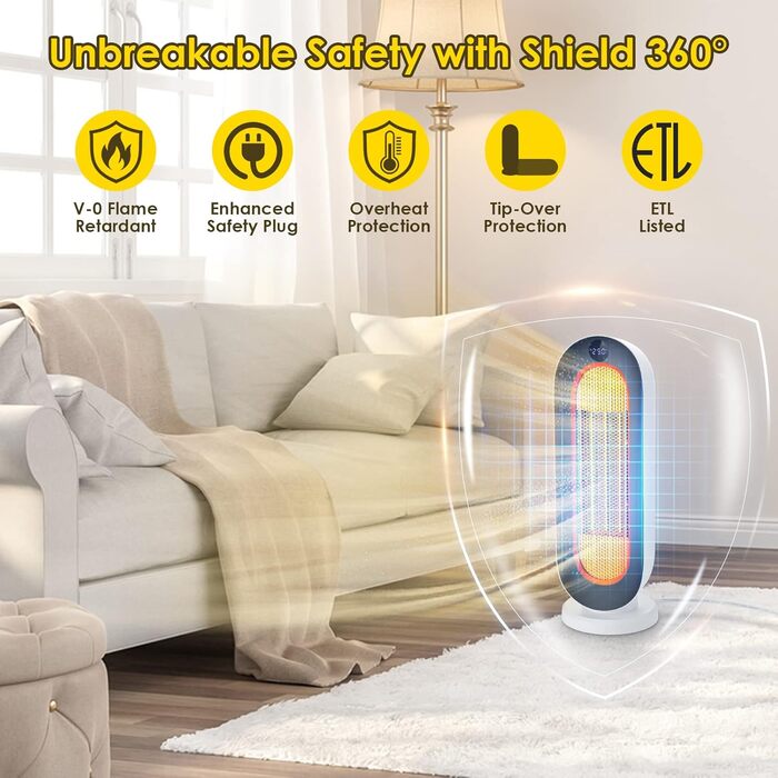 Електричний обігрівач Nictemaw 2000W з керамічним нагрівачем, 3 режими, захист від перекидання, таймер 12 год, осциляція 100°, пульт ДУ, для дому та офісу, білий