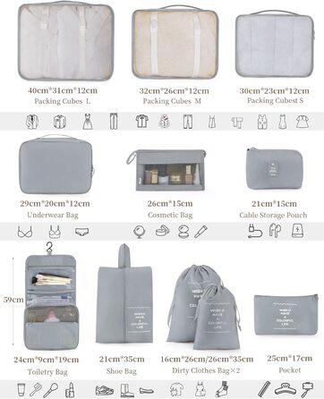 Набір органайзерів для подорожей Anjing (10 предметів), водонепроникні пакувальні куби для валізи, компактний набір для зберігання речей, темно-синій