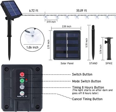 Вуличні гірлянди на сонячних батареях, 100 світлодіодних, 12 м, вуличні водонепроникні гірлянди IP65, 8 режимів, освітлення, декор для саду, патіо, дерев, вечірки, весілля, Різдва, Хеллоуїна (теплий білий) (цвітіння сакури)