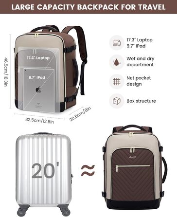 LOVEVOOK Рюкзак для ручної поклажі 40L, жіночий, для подорожей, великий, сумка-рюкзак для ручної поклажі в літак, для ноутбука, водонепроникний, рюкзак для подорожей, з косметичкою, сумка Weekender для подорожей, ділових поїздок (17.3 дюймів, Коричневий, 