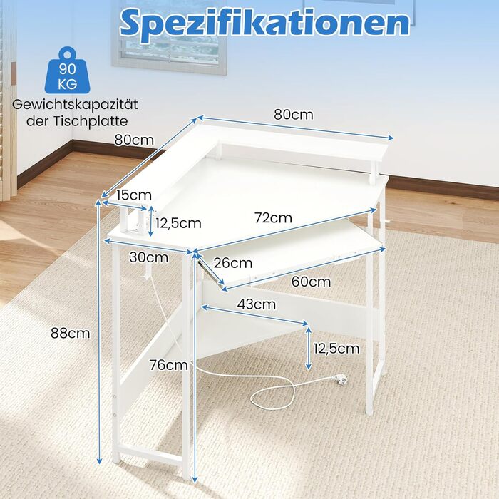 COSTWAY кутовий стіл з зарядкою, трикутний кутовий стіл з LED, підставка для клавіатури та підставка для монітора, ігровий стіл економія простору, кутовий стіл для дому, офісу (білий)