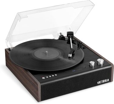 Програвач платівок Victrola Eastwood з вбудованими динаміками, Bluetooth 5.1, технологією Vinyl Stream, ретро-дизайн, три швидкості, звукознімач Audio Technica AT-3600LA, колір еспресо
