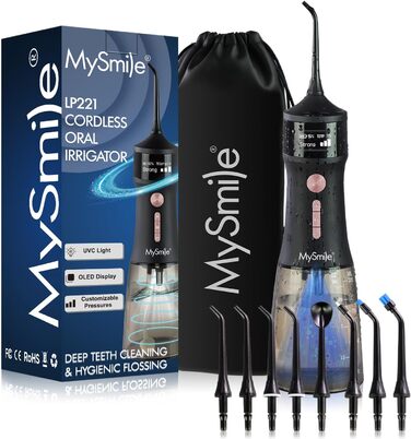 MySmile LP221: Бездротовий ірigator для зубів з UVC стерилізацією, 335 мл, OLED-дисплей, 4 режими, 8 насадок, для дому та подорожей, чорний
