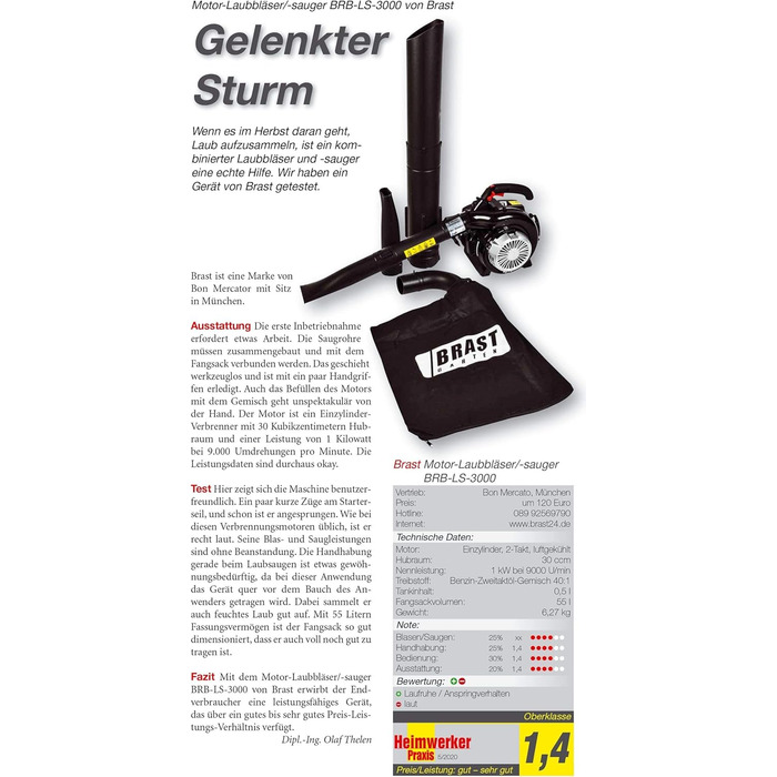 Бензиновий збирач листя BRST® Laubsauger Laubbläser 1,0kW (1,36PS) з мішком 55L, 2 насадки, ремінь та антивібраційний руків'я | 4в1 | Швидкість потоку 73 м/с