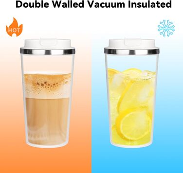 ERBO Термокружка для кави з нержавіючої сталі, 380 мл, 2 шт. (білий + рожевий), з кришкою, для кави на винос, екологічна