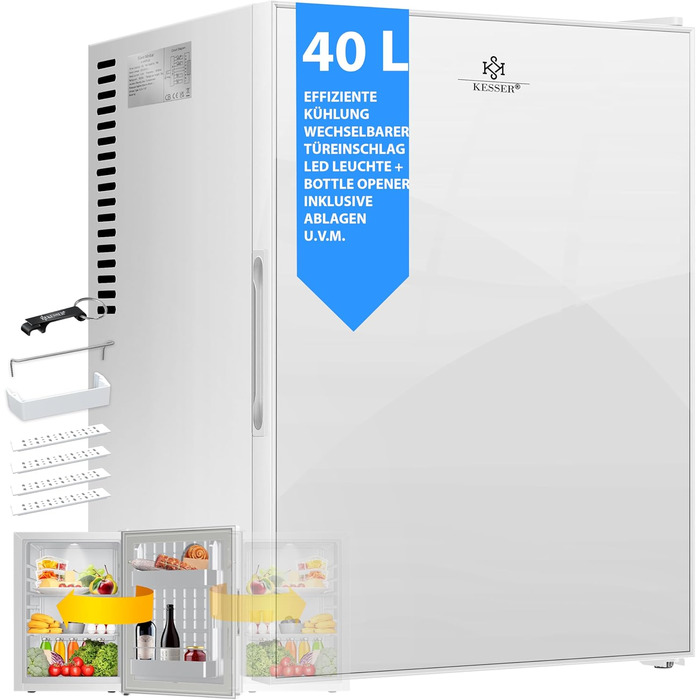 Міні-холодильник KESSER® 40L з дверцятами зі скла: ідеальний для кемпінгу, офісу, спальні, готелю, кухні. Безшумний, з можливістю зміни дверцят, внутрішнім освітленням та відкривачем для пляшок. Білий.