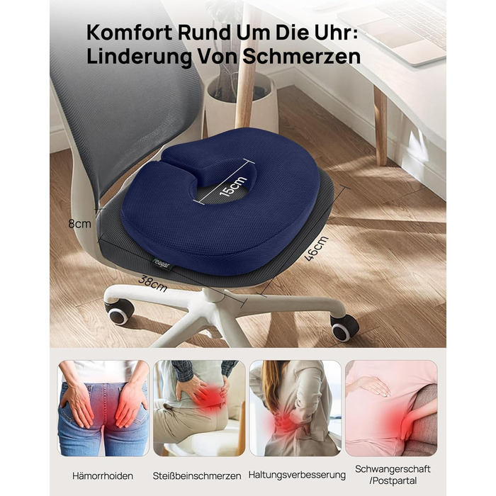 Ортопедична подушка-кільце Feagar: ергономічний підкладник для копчика при геморої та ішіазі, регульований сидіючий круг для офісного стільця, авто та візка (Темно-синій, 60-100 кг)