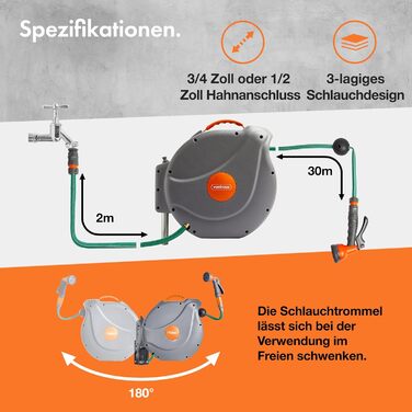 Шланговий барабан VonHaus 30м з автозмотуванням, поворотний на 180°, 8 функцій, пістолет для поливу