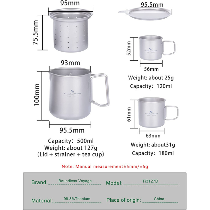Титановий чайник iBasingo об'ємом 500 мл, чайник з фільтром і кришкою, одношарова кавова кружка, набір для кемпінгу, портативний легкий похідний посуд для пиття Ti3125D (Набір чашок Ti3127d об'ємом 500 мл з чашками 120 мл і 180 мл)