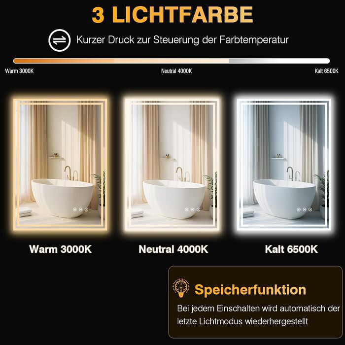 LED дзеркало для ванної кімнати з підсвічуванням 50x70 см, 3 кольори світла, регулювання яскравості, проти запотівання, сенсорне/кнопкове керування