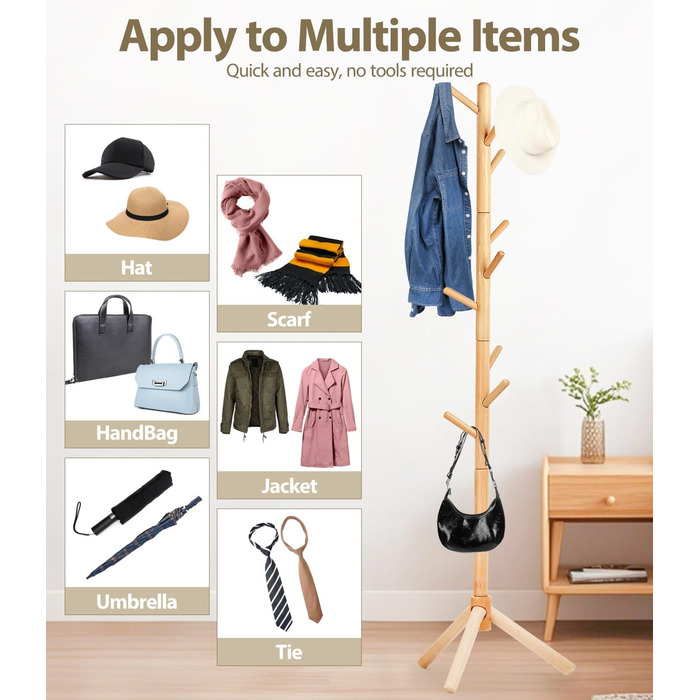 Підставка для одягу з бука, 9 гачків, 3 рівня висоти, білий колір, дерев'яна