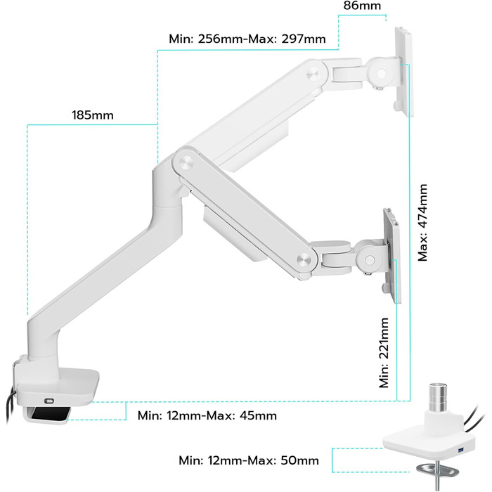 Кріплення для монітора ARES WING з USB A/C, кріплення для монітора 17-49 дюймів, підставка для монітора з газовою пружиною, VESA 75/100 мм, білий