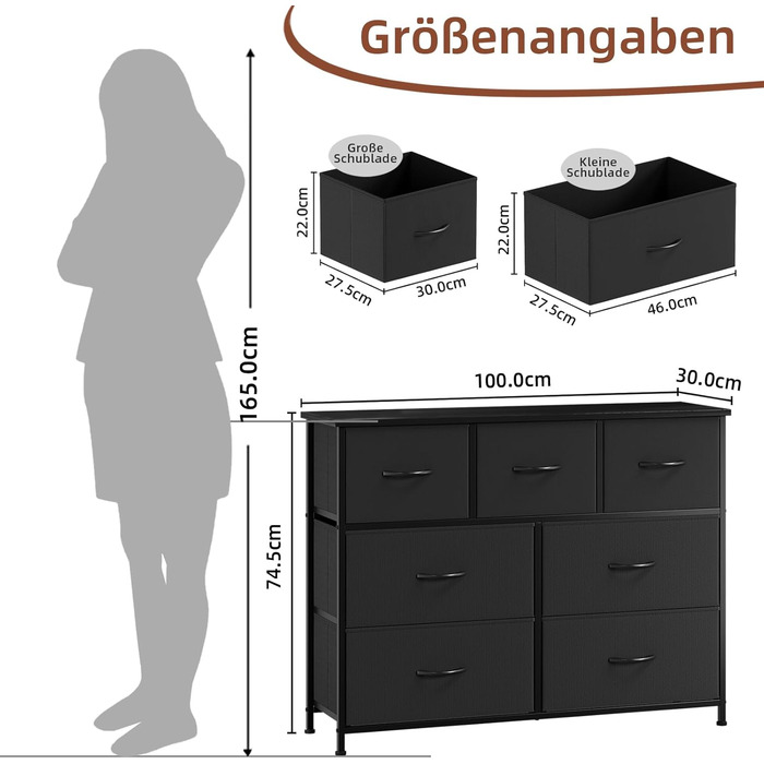 Комод Somdot з висувними ящиками, тканинний комод, комод для спальні, вітальні, прихожої, шафа для зберігання, 5 тканинних ящиків, білий колір, штучна шкіра (чорний, 30T x 100B x 74.5H см (7 ящиків))