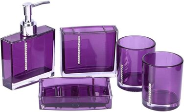 Першокласний Набір для ванної кімнати Yosoo з 5 предметів (виготовлений з високоякісного акрилу з діамантами) набір аксесуарів для ванної кімнати флакони для лосьйону, тримач для зубної щітки, зубна чашка, мильниця (фіолетовий)
