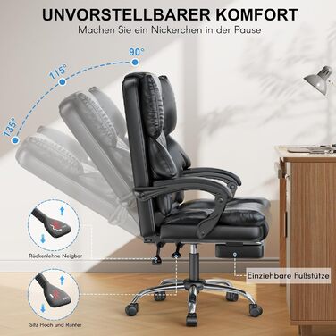 Офісний крісло-шезлонг для кухні від NaspaLuro з підніжкою, чорного кольору. Ергономічний комп'ютерний стілець з PU шкіри, м'якими підлокітниками та регульованою спинкою. Регульована висота, поворотний механізм. Без підігріву.