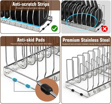 Тримач кришки для каструлі Housolution, розширюваний органайзер для сковорідок з 14 роздільниками, для шухляди (срібло)