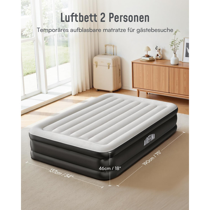 Надувний матрац Airefina для 2 осіб з вбудованим насосом, самонадувний, 190x137x46 см, для дому та кемпінгу