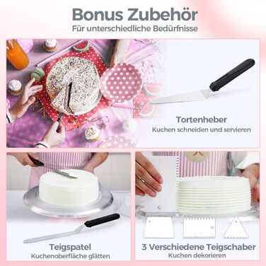 Ohuhu Поворотна платформа для тортів, 30 см, алюмінієвий сплав, 2 шпателі та 3 скребки, для декорування тортів та випічки, подарунок для кондитерів (Рожевий)