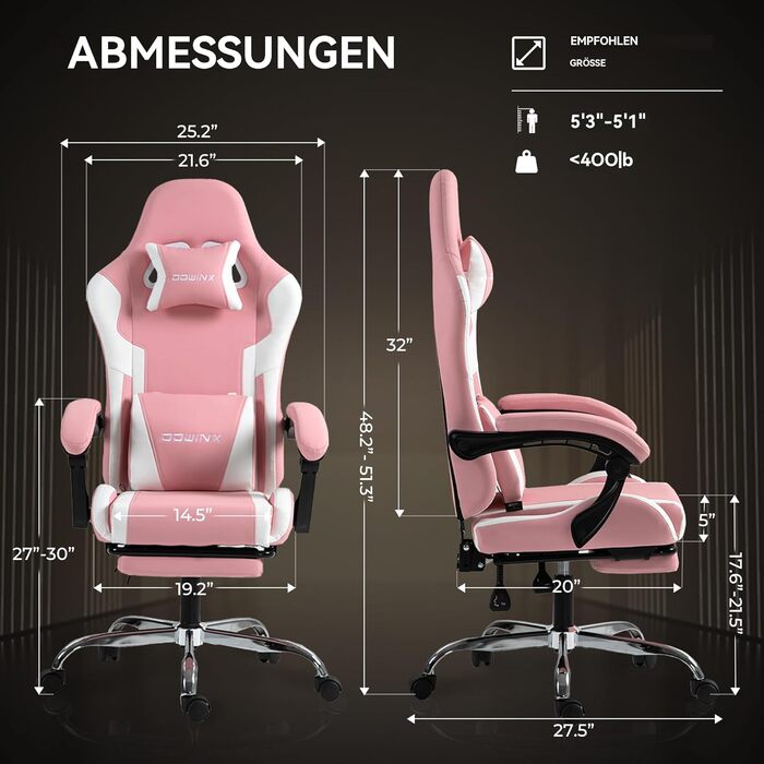 Ігровий крісло Dowinx з підніжкою та масажем попереку. Ергономічне, комфортне, з підголівником. Підходить для офісу, дому, стрімінгу та тривалих ігрових сесій. Білий (рожевий)
