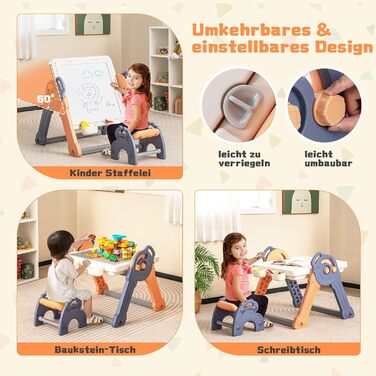 Набір DREAMADE 6-в-1 для дітей: стіл, стілець, дошка для малювання/конструктор, стіл з місцем для зберігання та 102 деталі. Для дітей від 3 років (Модель 1)