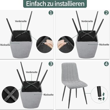 Набір з 4-х оббитих стільців для їдальні з тканини льон та чорними металевими ніжками, смугастий дизайн, для їдальні, вітальні, спальні, кухні, рецепції, сірий