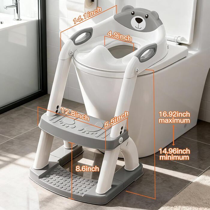 Дитячий унітаз-сходи SKYROKU 2-в-1 з сидінням для туалету, 2-7 років, до 90 кг, PP (без BPA), 5 сходинок, сірий (8898)