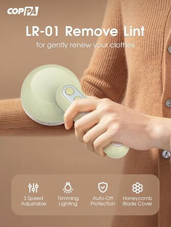 Електричний триммер для одягу COPPA, 6 лез, 3 швидкості, перезаряджається, з індикатором заряду, для пуловерів та одягу, білий (зелений)