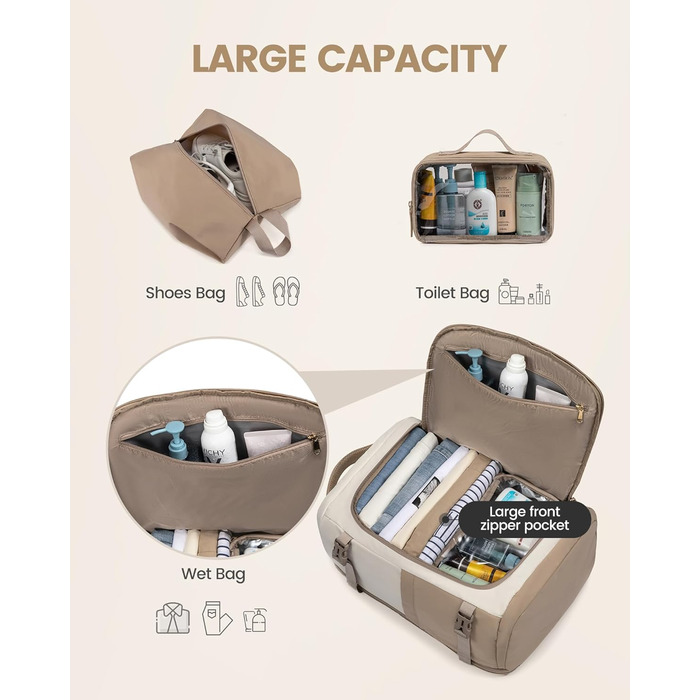 Рюкзак жіночий LOVEVOOK 40L для подорожей та авіаперельотів, Carry On, Beige Khaki, 17 дюймів