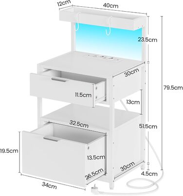Набір тумбочок AOGLLATI з 2 шт. зі світлодіодом, зарядна станція, USB та розетки, білий (40x30x79.5см)