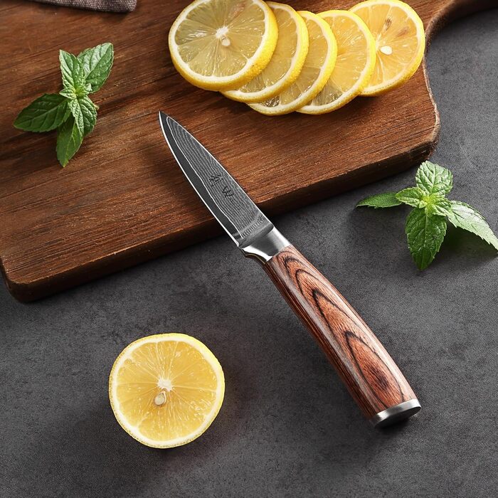 Ніж Wakoli EDIB офісний з дамаської сталі (серцевина VG10), 8,5 см - гострий та компактний. Підходить для кухні, фруктів та овочів. Дамаський ніж з ручкою з паккавуду в подарунковій коробці.