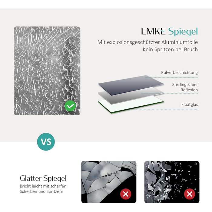 Дзеркало для ванної кімнати EMKE з підсвічуванням 40x60 см, антизапар, 2 кольори світла (тепле/холодне), вимикач-рейка, IP44, енергозберігаюче, захищене від вибуху