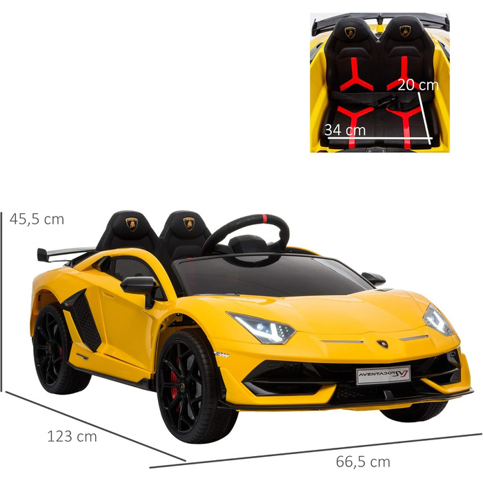 Електромобіль для дітей HOMCOM Lamborghini SVJ, ліцензія, 12V, металевий, жовтий, з дистанційним керуванням, музика, USB, для дітей 3-8 років