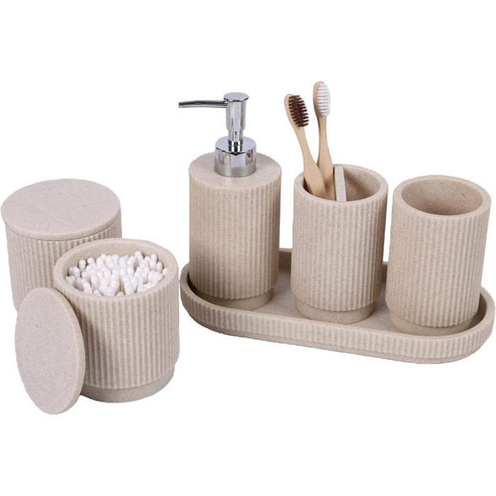 Набір для ванної кімнати 6 предметів: дозатор для мила, стаканчик для зубної щітки з підносом та коробочка для ватних паличок – смугастий дизайн, високоякісна смола (бежевий)