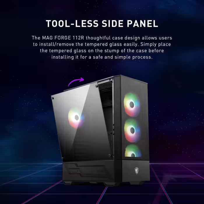 Ігровий корпус MSI MAG Forge 112R, середній форм-фактор, скляна бокова панель, 4 aRGB вентилятори 120 мм, підтримка водяного охолодження 240 мм