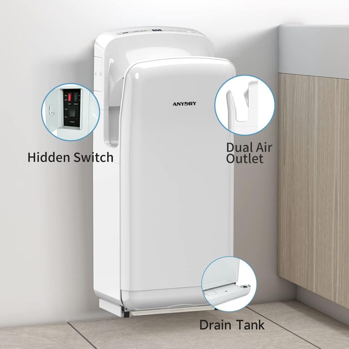 Електричний сушар для рук AnyDry 2005H з HEPA-фільтром, комерційний, 1750-2050W, швидке сушіння (7-10 сек)