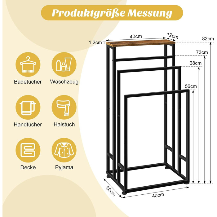 Підставка для рушників Smusei, настільна, 3-ярусна, з полицею з дерева, з нержавіючої сталі, для ванної кімнати та вітальні, 40x30x82 см, чорний (вінтажний коричневий)