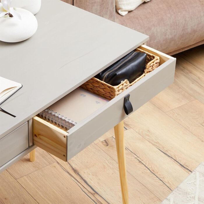 Письмовий стіл IDIMEX Wanda з 2 шухлядами сірого/натурального, робочий стіл з масиву сосни в скандинавському вигляді, офісний стіл з конічними ніжками