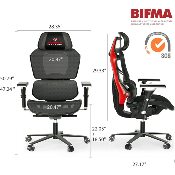 Ігрове крісло EUREKA ERGONOMIC дихаюче сітчасте з 4D підлокітниками чорно-червоне