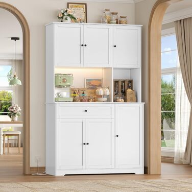 Кухонна шафа FirFurd 180 см з LED-підсвічуванням, буфет, sideboard з розеткою, стільниця, вітрина для 12 пляшок вина, білий колір, 180x100x39 см