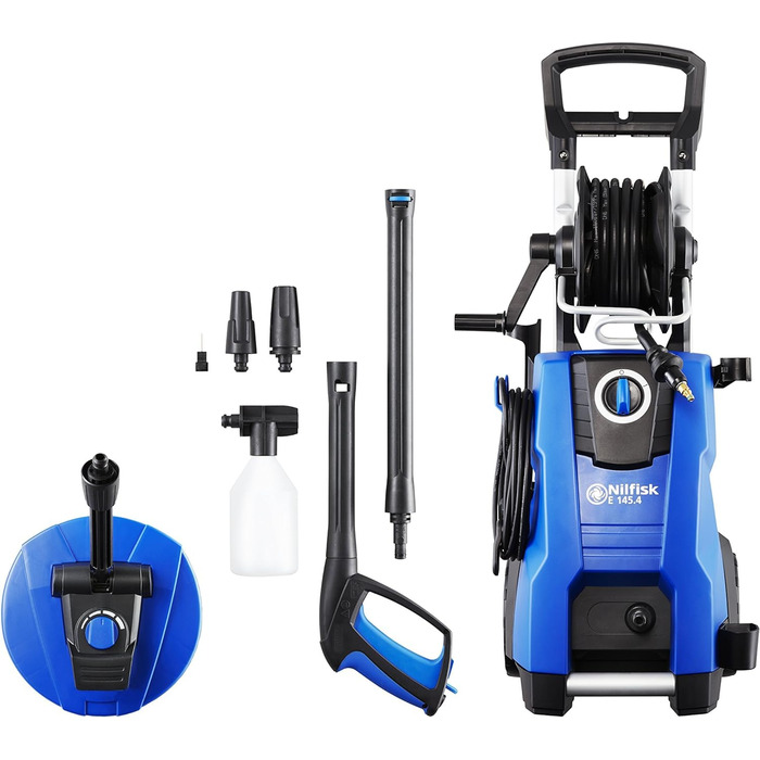 Мийка високого тиску Nilfisk E 145 Bar з пінотворечем, насадкою для миття площ та щіткою, комплект для чищення труб (2100 Вт) (E145.4 + Mid Patio)