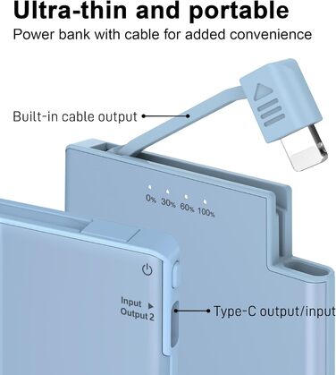 Ультратонкий павербанк Auskang 0,68 см 5000 мАг з кабелем, портативний і легкий, сумісний з iPhone - синій