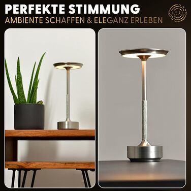 LED-лампа ELYSIA на акумуляторі: диммування, бездротове підключення, сенсорне керування, IP54, 2200-2700K, USB-C, для дому та саду, алюміній, срібло