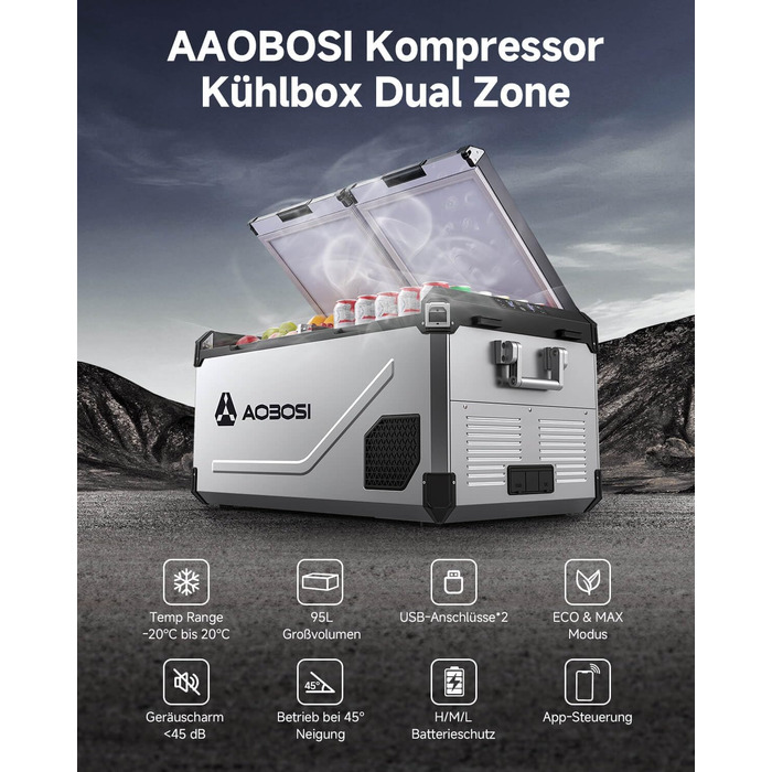 Холодильник автомобільний компресорний AAOBOSI 95L з Wi-Fi керуванням, -20°C, 12/24V/100-240V для авто, вантажівки, човна, кемпінгу