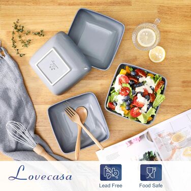 Обідній сервіз LOVECASA, набір із 4 квадратних керамічних мисок, миски для пластівців, миски для супу, десертна миска, набір мисок для 4 осіб, 800 мл, (сіра, миска з 4 предметів (800 мл))