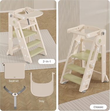 Зручний складаний навчальний столик-сходинка Hoopyosms для дітей, Montessori, регульована висота, для кухні, ванної кімнати та дитячої кімнати, мультифункціональний, від 1 року (зелений, 2-в-1)