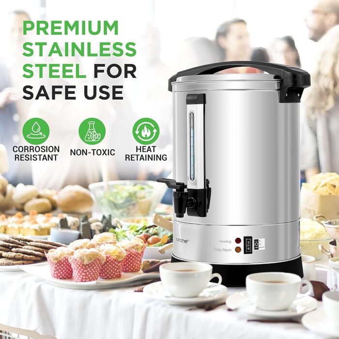 NutriChef Електричний автоклав та дозатор гарячої води 13л – нержавіюча сталь, безпечний кришка, краник без підтікання | Функція підігріву для глінтвейну, чаю, кави | Для комерційного та приватного використання | 1100W, компактний пристрій 13 літрів