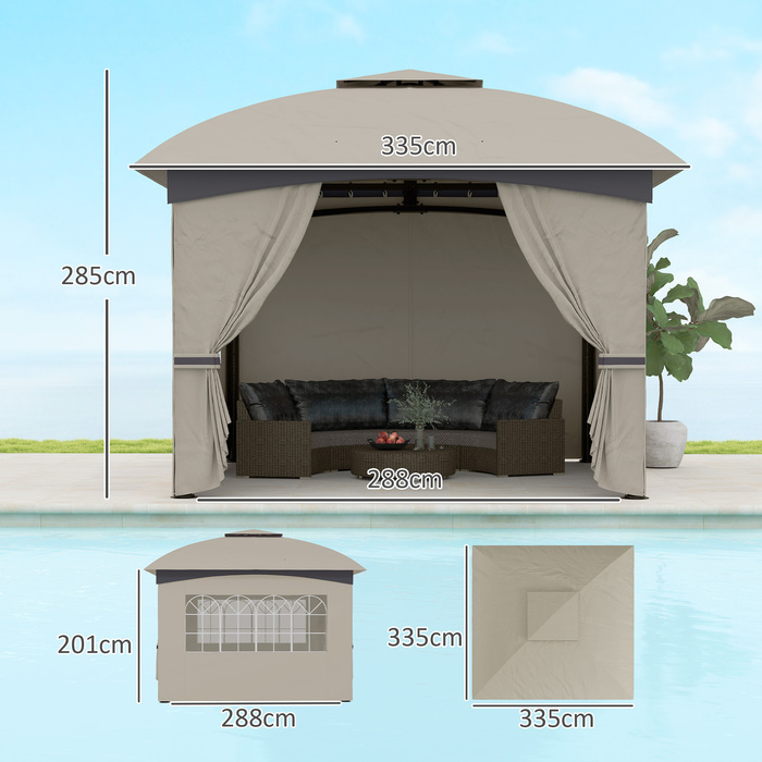 Outsunny Альтанка приблизно 3,4x3,4 м водовідштовхувальна Садова альтанка з 4 бічними панелями, подвійним дахом, шатро із захистом від ультрафіолету Садовий намет з оцинкованим металевим каркасом, для саду Світло-сірий | Аосом