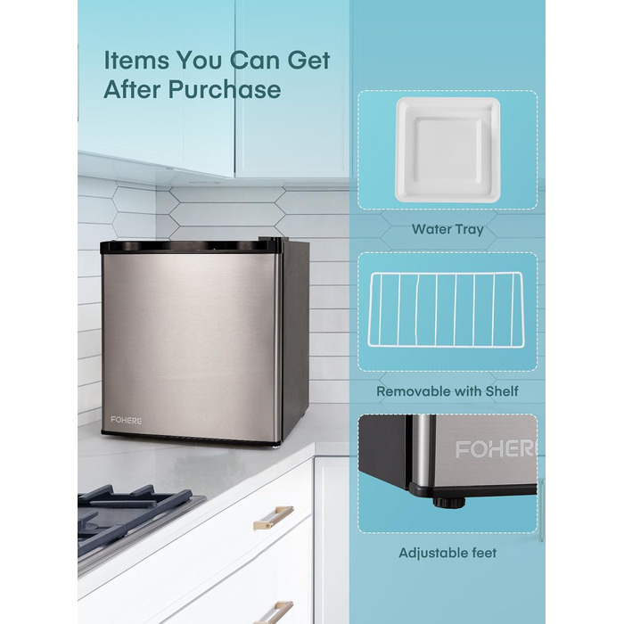 Міні-холодильник E 46L з морозильною камерою, низький рівень шуму 42 дБ, регулювання температури, колір нержавіюча сталь — для офісу, кухні та спальні