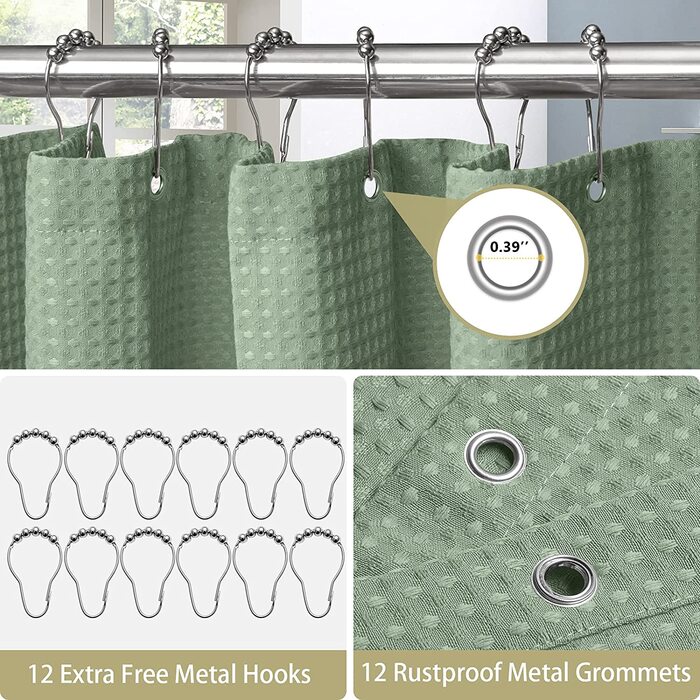 Вафельна фіранка для душу з металевими кільцями для завіси для душу, тканинна текстильна завіса для ванни, набір водонепроникних завісок для ванної, щільна завіса для душу, ванна кімната - 92 x 182 см (білий) (вафельно-зелений, 182 x 182 см (WxH))
